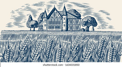 Brewery on the background of wheat and barley. Scenic view of Rural landscape, village field and hill, retro wooden building. Hand drawn monochrome vintage sketch for beer or alcoholic beverage label