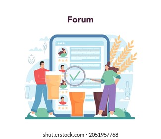 Brewery online service or platform. Craft beer production, brewing process. Draught beer tank, bottle full of alcohol drink. Online forum. Flat vector illustration