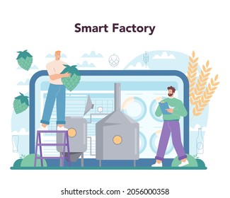 Brewery online service or platform. Craft beer production, brewing process. Draught beer tank, bottle full of alcohol drink. Online smart factory. Flat vector illustration