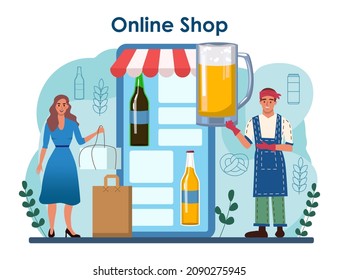 Brewery online service or platform. Craft beer production. Beerhouse technology for barleys and hops processing into an alcoholic drink. Online shop. Vector illustration