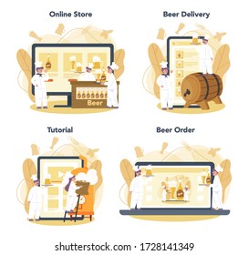 Brewery online service or platform set. Craft beer production, brewing process. Online store, delivery, order and video tutorial. Isolated vector illustration