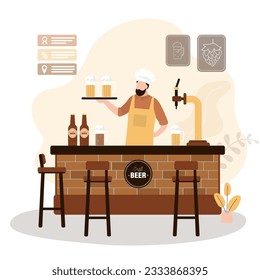 Brewery owner holds craft beer. Bar restaurant with counter. Interior with pub counter, bar chairs and shelves with alcohol. Beer faucet, glasses and beer bottles. flat vector illustration