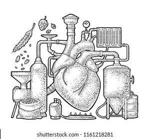 Proceso de cervecería en fábrica con tanques, oreja, lúpulo, quemador. Corazón en el centro de la producción. Aislado sobre fondo blanco. Ilustración de grabado vectorial de vintage para cervecería artesanal de telas, carteles y etiquetas