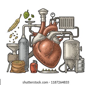 Brewery process on factory with tanks, ear, hops, burner. Heart in the center of the production. Isolated on white background. Vintage vector color engraving illustration for poster, label craft beer