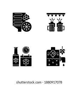 Brewery production black glyph icons set on white space. Cooling step in beer production process. Industrial conditioning. Beer festival in bar. Silhouette symbols. Vector isolated illustration