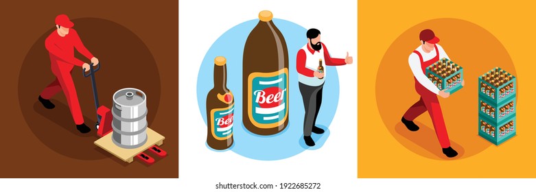 Brewery production consumption concept 3 isometric compositions workers moving growlers bottles crates man drinking beer vector illustration 