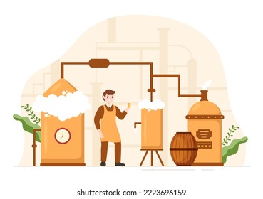 Brewery Production Process with Beer Tank and Bottle Full of Alcohol Drink for Fermentation in Flat Cartoon Hand Drawn Templates Illustration