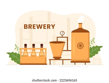 Brewery Production Process with Beer Tank and Bottle Full of Alcohol Drink for Fermentation in Flat Cartoon Hand Drawn Templates Illustration