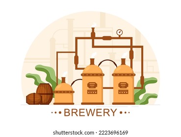 Brewery Production Process with Beer Tank and Bottle Full of Alcohol Drink for Fermentation in Flat Cartoon Hand Drawn Templates Illustration