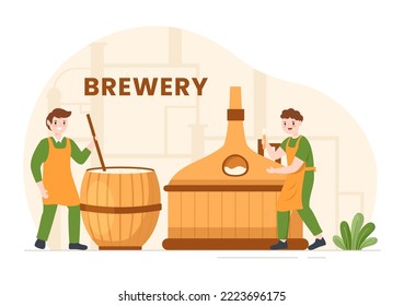 Brewery Production Process with Beer Tank and Bottle Full of Alcohol Drink for Fermentation in Flat Cartoon Hand Drawn Templates Illustration