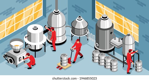 Brewery production process isometric interior view with workers operating malt milling boiling cooling fermentation equipment vector illustration 