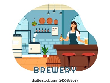 Brewery Production Process Vector Illustration with Beer Tank and Bottle Full of Alcohol Drink for Fermentation in Flat Cartoon Background