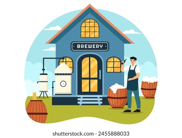 Brewery Production Process Vector Illustration with Beer Tank and Bottle Full of Alcohol Drink for Fermentation in Flat Cartoon Background