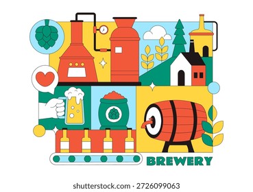 Ilustración vectorial del proceso de producción de cerveza con tanques de cerveza y botellas llenas de bebidas alcohólicas para la fermentación sobre un fondo plano