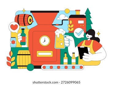 Processo de Produção de Cervejaria Ilustração Vetorial Apresentando Tanques de Cerveja e Garrafas Cheias de Bebidas Alcoólicas para Fermentação em um Plano de Fundo Plano