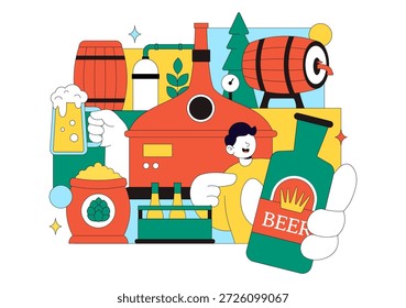 Processo de Produção de Cervejaria Ilustração Vetorial Apresentando Tanques de Cerveja e Garrafas Cheias de Bebidas Alcoólicas para Fermentação em um Plano de Fundo Plano
