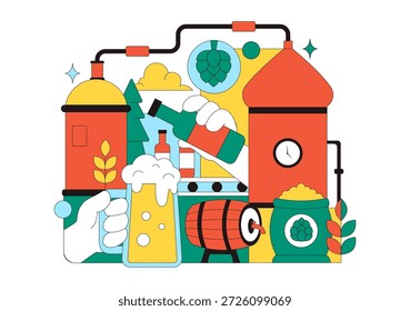 Processo de Produção de Cervejaria Ilustração Vetorial Apresentando Tanques de Cerveja e Garrafas Cheias de Bebidas Alcoólicas para Fermentação em um Plano de Fundo Plano