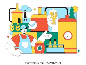 Processo de Produção de Cervejaria Ilustração Vetorial Apresentando Tanques de Cerveja e Garrafas Cheias de Bebidas Alcoólicas para Fermentação em um Plano de Fundo Plano
