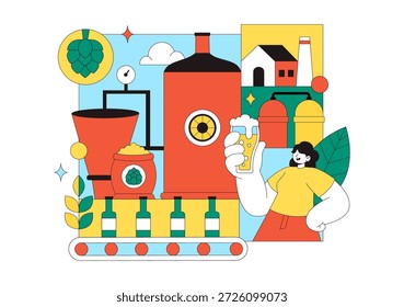 Processo de Produção de Cervejaria Ilustração Vetorial Apresentando Tanques de Cerveja e Garrafas Cheias de Bebidas Alcoólicas para Fermentação em um Plano de Fundo Plano