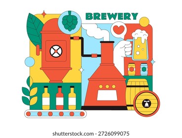 Processo de Produção de Cervejaria Ilustração Vetorial Apresentando Tanques de Cerveja e Garrafas Cheias de Bebidas Alcoólicas para Fermentação em um Plano de Fundo Plano