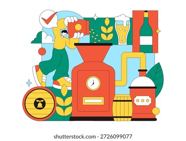 Processo de Produção de Cervejaria Ilustração Vetorial Apresentando Tanques de Cerveja e Garrafas Cheias de Bebidas Alcoólicas para Fermentação em um Plano de Fundo Plano