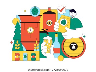 Processo de Produção de Cervejaria Ilustração Vetorial Apresentando Tanques de Cerveja e Garrafas Cheias de Bebidas Alcoólicas para Fermentação em um Plano de Fundo Plano