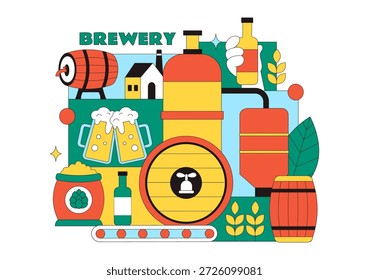 Processo de Produção de Cervejaria Ilustração Vetorial Apresentando Tanques de Cerveja e Garrafas Cheias de Bebidas Alcoólicas para Fermentação em um Plano de Fundo Plano