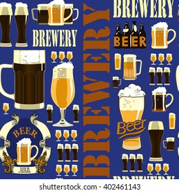 Brewery seamless pattern. Seamless pattern contains images of beer mugs,beer glasses and text on dark blue background.