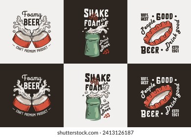 Brewery set with bottle and can for beer print. Vector bottle cap for alcohol craft bar