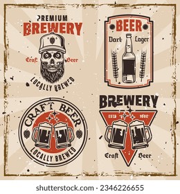 Brewery set of colored retro emblems, badges, labels or logos on background with grunge textures on separate layers