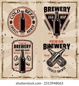 Conjunto de cervecería de emblemas retro de colores, insignias, etiquetas sobre fondo con texturas grunge en capas separadas