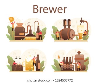 Ropa de cerveza. Producción de cerveza artesanal, proceso de elaboración. depósito de cerveza de barril, taza de cosecha y botella llena de alcohol. Ilustración vectorial aislada