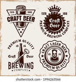Brewery set of four vector emblems, labels, badges or logos in vintage style on background with removable grunge textures