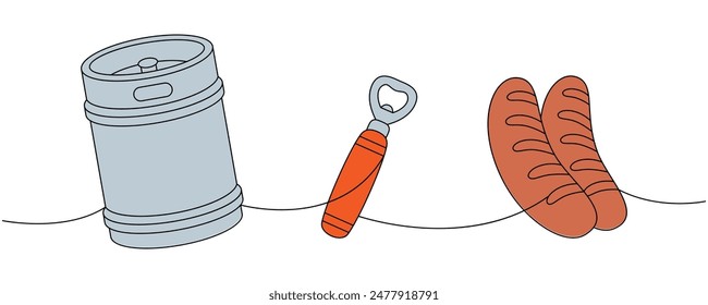 Brewery set one line colored continuous drawing. Metal beer keg, bottle opener, fried sausages continuous one line illustration. Vector illustration.