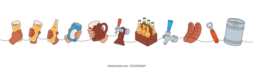 Brewery set one line colored continuous drawing. Metal keg, bottle opener, sausages, beer tap, can, glass, bottles continuous one line illustration.