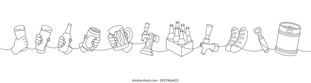 Brewery set one line continuous drawing. Metal keg, bottle opener, sausages, beer tap, can, glass, mug, bottles continuous one line illustration.