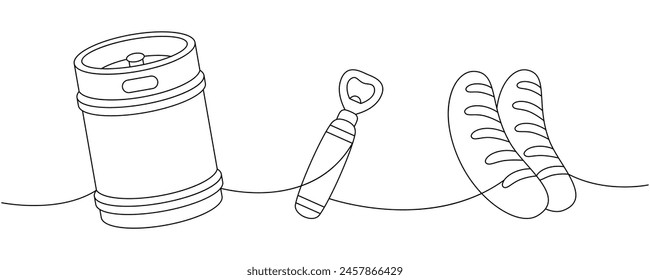 Brewery set one line continuous drawing. Metal beer keg, bottle opener, fried sausages continuous one line illustration. Vector linear illustration.