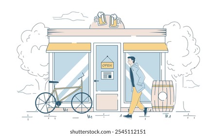 Tienda de la calle de la cervecería. Hombre ir a la tienda cerca del barril con bebida alcohólica. Lugar de venta y ocupación. Alcohol y bebidas. infraestructuras Urbanas. Ilustración vectorial lineal aislada sobre fondo blanco