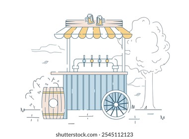 Brewery street vendor. Trolley with beer near barrel with alcoholic drink. Retail place and occupation. Alcohol and beverage. Linear vector illustration isolated on white background