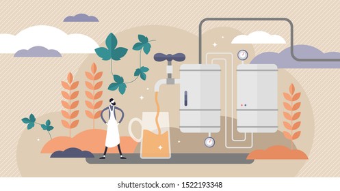 Brewery vector illustration. Flat tiny beer making process persons concept. Alcohol beverage business with sommelier knowledge and old hop traditions. Premium lager quality in classical glass mug.