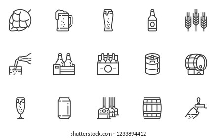 Brewery Vector Line Icons Set. Beer Bottle, Glass, Barrel, Six-pack, Keg, Mug. Pouring Beer from Tap into Glass. Editable Stroke. 48x48 Pixel Perfect.