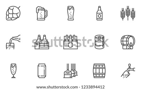 Brewery Vector Line Icons Set. Beer Bottle, Glass, Barrel, Six-pack, Keg, Mug. Pouring Beer from Tap into Glass. Editable Stroke. 48x48 Pixel Perfect.