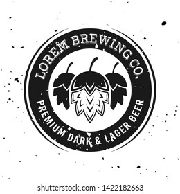Brewery vector round emblem, label, badge, stamp or logo in monochrome vintage style with hop. Isolated on white background, removable grunge textures