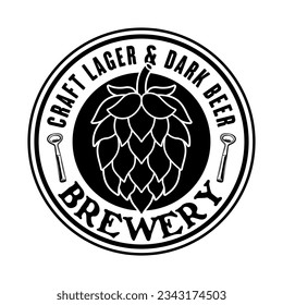 Brewery vector round emblem, label, badge or logo in monochrome vintage style isolated on white background