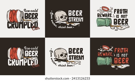 Brewery vector set with bottle and beer can for print. Bottle cap and skull for alcohol craft bar