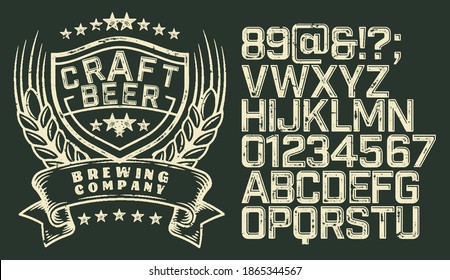 Brewery vintage alphabet font. Custom handwritten alphabet. Retro textured hand drawn typeface with grunge effect. Vector illustration. Letters and Numbers. Original Design