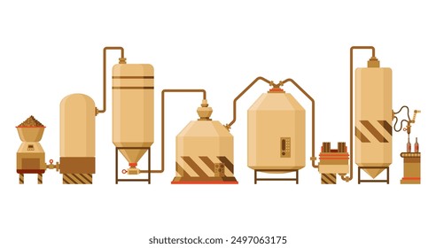 Cervecería. Concepto de máquina de elaboración de cerveza Antiguas con tubos y tanques de cobre. Equipo de proceso de fabricación de cerveza, símbolo de maquinaria adecuado para activos de juego, infografía o impresión de libros. Ilustración vectorial aislada