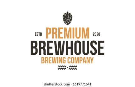 Brewery vintage logo design. Brewhouse logo template with brew hop. Vintage poster for beer house, brewery, bar and pub. Vector illustration