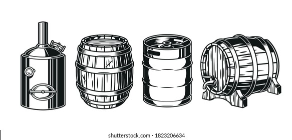 Brewery vintage monochrome concept with brewing machine metal keg and wooden casks of beer isolated vector illustration