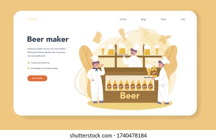 Brewery web banner or landing page. Craft beer production, brewing process. draught beer tank, vintage mug and bottle full of alcohol drink. Isolated vector illustration
